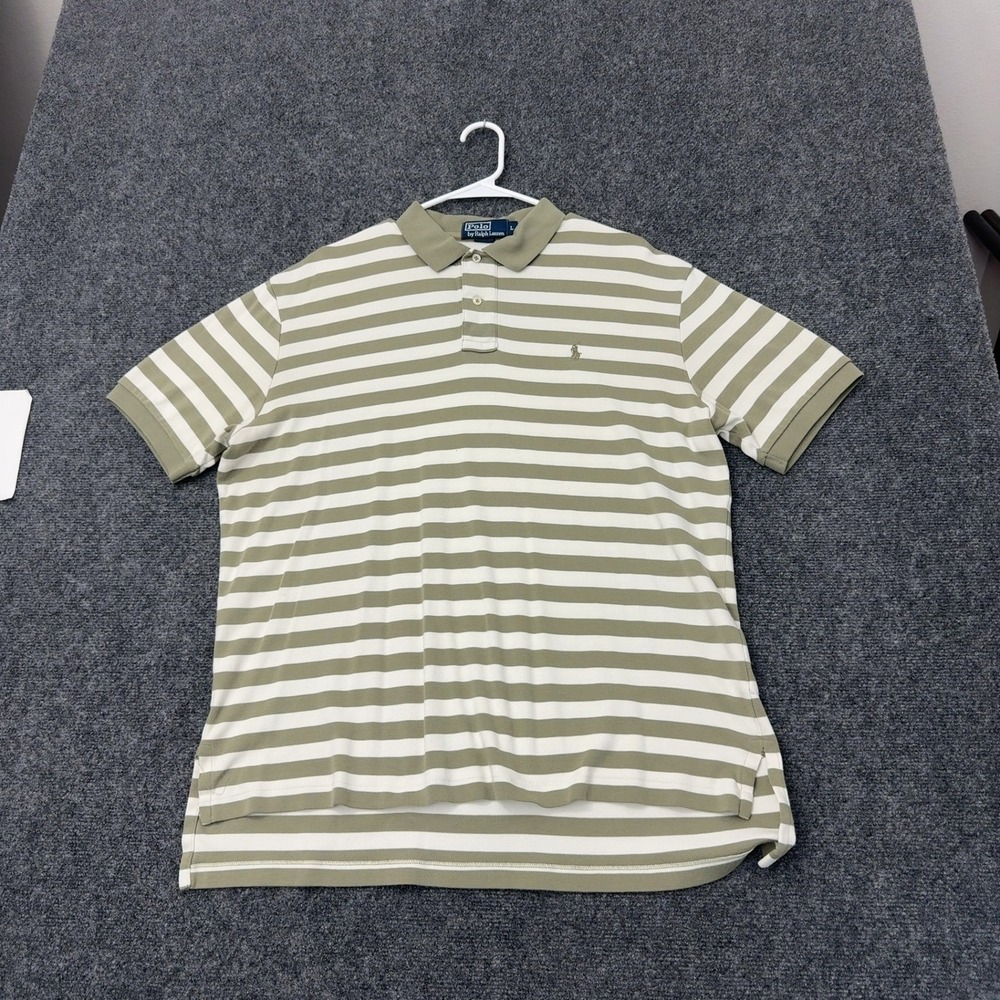 Polo Ralph Lauren Polo Shirt Mens L Olive Cotton Striped Short Sleeve Preppy